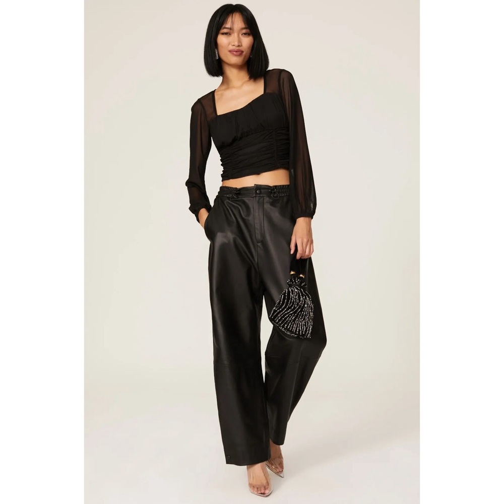 Louna Ruched Mesh Blouse Top XS Black Sheer Puff Sleeve
